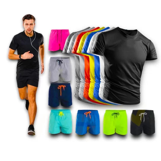Kit Shorts Bermuda + Camiseta Fitness Corrida MASCULINA ALGODÃO 303 - +Cinza – Preto Black