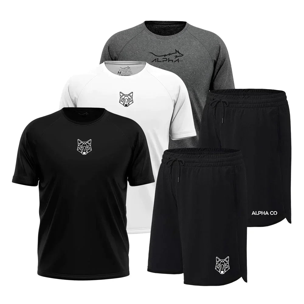 KIT 5 PEÇAS DRY FIT: 3 CAMISETAS + 2 – BERMUDAS Confortável